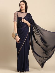 Royale Blue Solid Saree - Inddus.com Blue Dola Silk Pre-draped Saree For Eid, Blue Blouse With Sheer Dupatta, Blue Zari Work Party Wear Pre-draped Saree, Blue Georgette Pre-draped Saree With Self Design, Art Silk Pre-draped Saree With Sheer Dupatta, Elegant Blue Chanderi Pre-draped Saree, Evening Pre-draped Chanderi Saree With Unstitched Blouse, Elegant Blue Dola Silk Pre-draped Saree, Blue Dola Silk Floor-length Saree