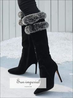 Women Black Pointed Toe Knee Boots with thin High Heels and Double Grey Fur detail Booties Faux Boots, Heel Wedges, Boot Heels, Grey Fur, Cute Shoes Heels, Shoe Wishlist, Boot Types, Boots Knee, Rubber Heels