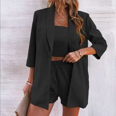 3 Piece Set, Black, Elegant, Shirred, Bandeau, Blazer, Shorts, Shawl Collar, Three Quarter Sleeve Length, Non Stretch, No Padding. 100% Polyester Machine Wash Or Dry Clean Sizing In Pictures! As Always, All Available Sizes In Stock And Ready To Ship! Tags: Fiesta, Beach, Ocean, River, Lake, Trip, Vacation, Holiday, Travel, Cruise, Date, Casual, Model, Event, Elegant, Cute, Party, Polo, Bachelorette, Cocktail, Guest, Evening, Girls Night Out, Date Night, Graduation, Club, Formal, Sexy, Chic, Fest Blazer Short Set Black, Blazer Bandeau Outfit, Oversized Blazer Shorts Outfit, Outfits For A Graduation Guest, All Black Cocktail Outfit, Bachelorette Party Guest Outfit, Bachelorette Guest Outfit, Summer Night Out Outfit Bar Going Out, Plus Size Club Outfits Night Out Summer