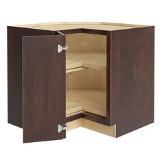 an open cabinet with no doors on the bottom and one door opened to show shelves