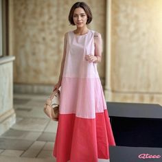 Qteee - Chic Round Neck Color Block Splice Design Loose Casual Sleeveless Dress Sleeveless Collared Dress, Vacation Maxi Dress, Shift Dress Casual, Sleeveless Dresses Casual, Fancy Dress Design, Bandeau Dress, Strapless Maxi Dress, Sleeveless Shift Dress, Casual Design