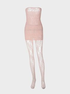 Lace Mesh Plain Tube Dress With Tights Two-Piece Set Sheer Fitted Lace Hosiery, Sheer Lace Hosiery For Parties, Sheer Stretch Lace Mini Dress, Fitted Pink Hosiery For Party, Pink Fitted Tights, High Stretch Party Hosiery, Fitted Hosiery For Spring Parties, Pink Stretch Hosiery For Party, Sheer Fitted Tights For Party