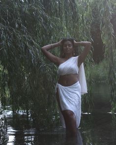 Indian girl in white sari, next to willow tree in the water Asian Feminine Aesthetic, Indian Cottagecore Aesthetic, South Indian Photoshoot, Indian Cottagecore, Brown Girl Aesthetic Indian, Indian Woman Aesthetic, Desi Cottagecore, Desi Photography, Weddings Pakistani