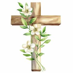 a cross with white flowers on it and green leaves around the cross, painted in watercolor