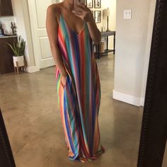 Rainbow Striped Maxi Dress With Pockets, Never Worn. Colorful Chic Maxi Dress, Colorful Maxi Dress For Spring Day Out, Rainbow Maxi Dress For Spring Vacation, Rainbow Maxi Dress For Vacation In Spring, Rainbow Beach Dress For Spring, Rainbow Dress For Beach In Spring, Casual Multicolor Maxi Dress For Brunch, Casual Rainbow Dress For Summer, Casual Rainbow Dresses For Vacation