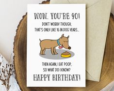 a birthday card with a dog eating out of a bowl