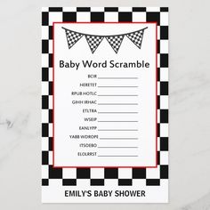 a baby word scramble game is shown on a marble surface with black and white checkerboard