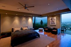 Modern LA Hollywood Hills home luxury master bedroom remodel with glass wall views & terrace. Bedroom With Terrace, Masters Bedroom, The Cordelle, Luxury Houses Mansions