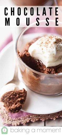 chocolate mousse with whipped cream in a glass bowl