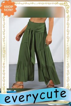 Army Green Solid Color Cropped Flare Pants with Tie Bohemian Solid Color Summer Bottoms, Bohemian Summer Bottoms In Solid Color, Green Solid Color Wide Leg Summer Pants, Green Solid Color Wide Leg Pants For Summer, Summer Green Wide Leg Pants, Green Ankle-length Bottoms With Elastic Waistband, Casual Green Ankle-length Pants, Solid Bohemian Bottoms For Spring, Green Cotton Ankle-length Bottoms