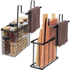 two racks with towels and other items in them