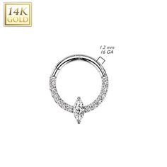 This 14K solid gold hoop ring adds an elegant touch of sophistication to any look. Featuring a hinged setting and Front Facing Marquise CZ Center and CZ Paved Sides, this premium hoop ring is perfect for adding a lux look to your nose, septum, ear cartilage or daith piercings. A timeless piece for any jewellery collection. Thickness: 16 Gauge (1.2 mm) Material: 14Kt. Gold Stone Material: CZ Sold by: 1 Pc Elegant Hoop Septum Ring With Prong Setting, Elegant Septum Ring With Halo, Elegant Halo Hoop Septum Ring, Elegant Hoop Septum Ring For Anniversary, 14k Gold Hoop Rings With Diamond Accents, Wedding Rings With Vvs Clarity Huggie, Elegant White Gold Septum Ring For Anniversary, Elegant White Gold Hoop Septum Ring, Daith Piercings