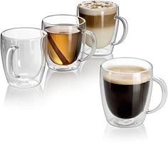 three different types of coffee in glass mugs