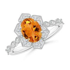 Radiating a positive aura, the oval citrine draws the eye with its enchanting sunshine hue. The scintillating diamond halo illuminates the gem's honey-yellow hue. Sparkling diamonds on the trillium floral shank and milgrain detailing elevate the classic beauty of this 14K Solid Gold ring. Birthstone for the month of November and traditional gemstone gift for 11th & 13th wedding anniversaries. All our items are packaged with care in appealing boxes with plush interiors. Available in various sizes Positive Aura, Citrine Jewelry, Citrine Ring, 14k White Gold Ring, Classic Beauty, Diamond Halo, Sparkle Diamonds, Halo Diamond, White Gold Rings