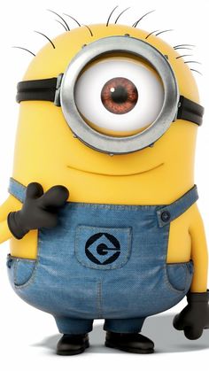 a minion with big eyes and blue overalls standing in front of a white background