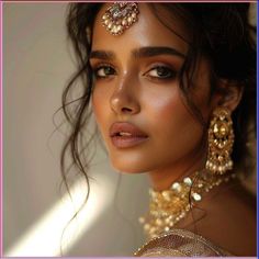 a close up of a woman wearing gold jewelry