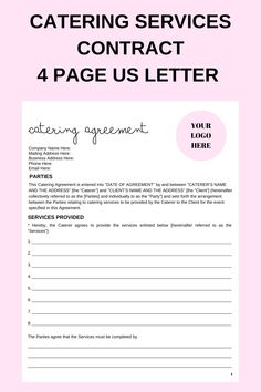 a pink background with the words catering services contact and 4 page us letter on it