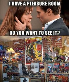 a man and woman talking to each other in front of a room full of comic books