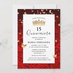 Elegant Red Black Gold Crown Floral Quinceanera Invitation  Zazzle Save The Date Wording, Sweet 16 Birthday Party, Unique Roses, Elegant Photo, Sweet 16 Invitations, 16th Birthday Party