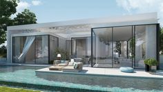 an artist's rendering of a modern house in the middle of a swimming pool