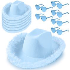 a set of blue hats and eye glasses on a white background with fluffy fur around the brim