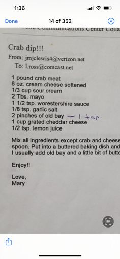 the recipe for crab dip is shown in an iphone app that shows how to make it