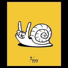 a cartoon snail making the peace sign with its hand on it's side, against a yellow background