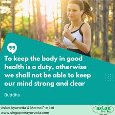 a woman running in the woods with a quote from buddha on her chest and an image of