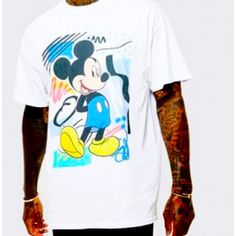 Boohoo Man Retro Mickey Mouse (Disney) Oversize T-Shirt Medium Brand New W/Tags And Original Packaging Trendy Blue T-shirt With Character Print, White Mickey Mouse Crew Neck T-shirt, White Mickey Mouse T-shirt For Streetwear, Trendy White Mickey Mouse Tops, Trendy White Tops With Mickey Mouse Design, White Fun T-shirt With Character Print, White Disney Tops For Summer, Mickey Mouse Cotton T-shirt For Streetwear, Disney Mickey Mouse T-shirt For Streetwear