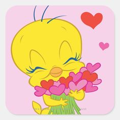 a cartoon bird holding flowers with hearts around it