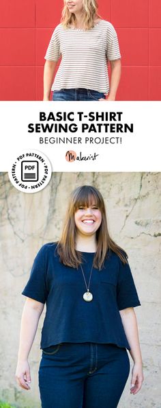 a woman standing in front of a red wall with the words basic t - shirt sewing pattern