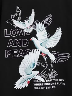 two white birds flying next to each other on a black t - shirt that says love and peace