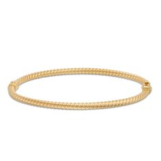 This hollow bangle bracelet elevates any attire. 14K gold All-over rope twist texture 7.0 inches; hinged clasp Made in Italy Twisted Bangle, Rope Twist, Bangle Bracelet, Bangle Bracelets, Bangles, In Italy, Twist, Italy, Texture