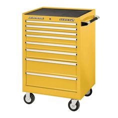 a yellow tool cabinet on wheels with black top and bottom drawer, shown from the front