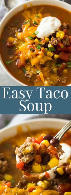 easy taco soup in a white bowl with a ladle full of soup and the title overlay reads easy taco soup