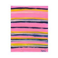 an abstract painting in pink, yellow and blue with black stripes on the bottom half