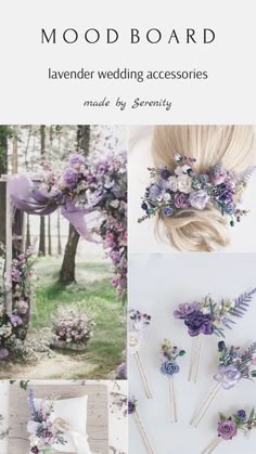 the mood board is filled with purple flowers and greenery