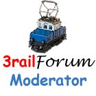 the logo for rail forum modelator, with a small train on it's back