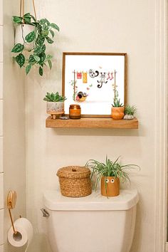 a white toilet sitting next to a wooden shelf filled with potted plants on top of it