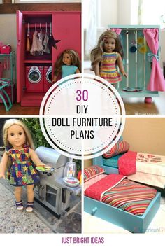 doll furniture and accessories are featured in this collage with the words, 30 diy doll furniture plans