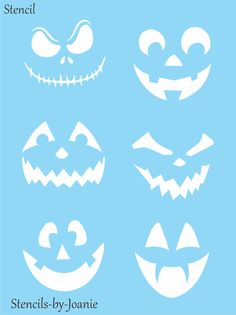 the stencils - by - janie pumpkin faces are shown in white on a blue background