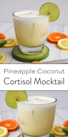 two glasses filled with pineapple coconut cortisol cocktails on top of each other