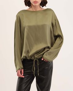 Satin Drop Shoulder Boat Neck Top | Industry | JANE + MERCER Boat Neck Long Sleeve, Boat Neck Top, Boat Neck Tops, Affordable Luxury, Lush Green, Exclusive Collection, Boat Neck, Drop Shoulder, Effortless Style