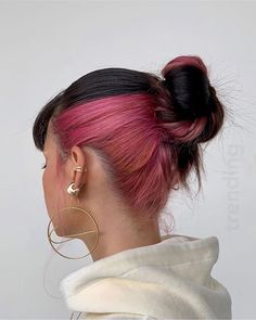 Hair Color Underneath Pink, Light Pink Peekaboo Hair, Pink Hair Trends, Peek A Boo Hair Color For Brunettes, Pops Of Color Hair, Under Dyed Hair, Hidden Hair Color, Pink Hair Dye, Hot Pink Hair