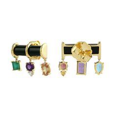 These vibrant stud earrings, crafted in 14K yellow gold, feature a dazzling array of rainbow gemstones. The colorful stones create a lively and eye-catching design, perfect for adding a pop of color to any outfit. A playful yet elegant accessory that brings a touch of joy and sophistication to your look. This Earrings is handmade in 14k Yellow Gold : 4. 458 grams , and Onyx : 5. 433 cts  Amethyst : 0. 944 cts , Sapphire: 0. 769 cts ,Blue Topaz: 0. 492 cts, Emerald: 0. 369 cts ,Pink Tourmaline: 0 Modern Yellow Gold Multi-stone Earrings, Modern Multi-stone Yellow Gold Earrings, Colorful Stones, Rainbow Gemstones, June Birthstone Jewelry, August Birthstone Jewelry, July Birthstone Jewelry, Gemstone Stud Earrings, Zodiac Jewelry