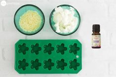 the ingredients to make st patrick's day cake are displayed on a white surface