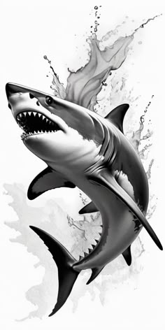 a drawing of a shark with its mouth open and water splashing on it's side