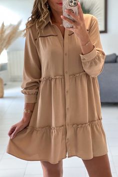 Khaki Tiered Frilled Button-up A-line Mini Dress Beige A-line Dress With Button Closure, Casual Beige Button-up Dress, Casual A-line Mini Dress With Buttons, Casual Fall Dresses With Covered Buttons, Khaki Dresses With Buttons For Fall, A-line Shirt Dress With Buttons For Fall, Casual A-line Shirt Dress With Button Closure, Fall A-line Shirt Dress With Buttons, Casual Beige Shirt Dress With Buttons