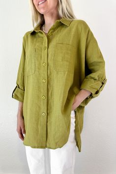 One of the most beautiful, quality pieces! Dress it up or dress it down, the Dover Linen Button Down Shirt in Moss is a beautifully crafted staple. Featuring a collared neckline, button down front, front pockets, folded long sleeves, oversized fit, moss color and woven linen fabric. Style buttoned up with a pair of satin or linen pants! Details & Sizing Collar Button down Front pockets Folded long sleeves Oversized fit Moss green color Woven linen fabric Gabriella wearing a size S Fabric 100% Li Moss Green Color, Moss Color, Green Linen Shirt, Pants Details, Suit Design, Ethnic Outfits, Suit Designs, Green Shirt, Moss Green