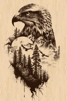 an eagle with trees and mountains in the background